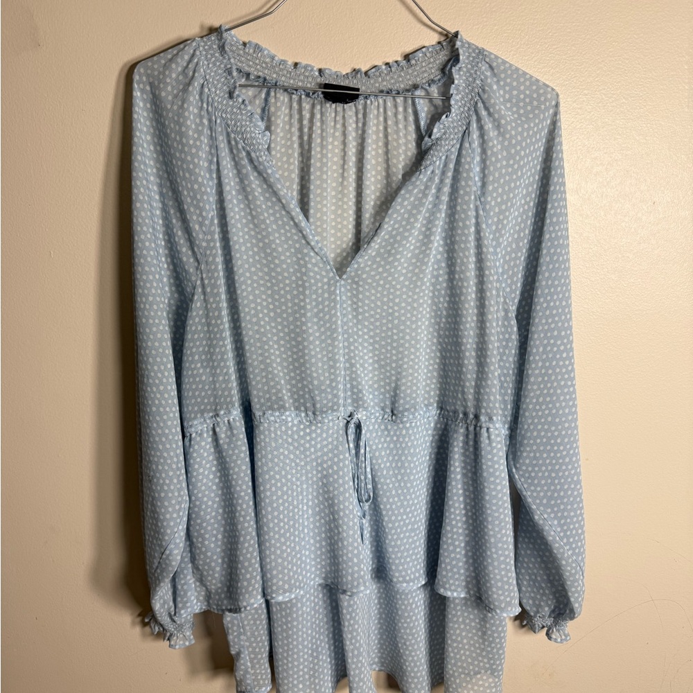 Torrid Light Blue Swiss Dot Crinkle Chiffon Drawstring Blouse 2X